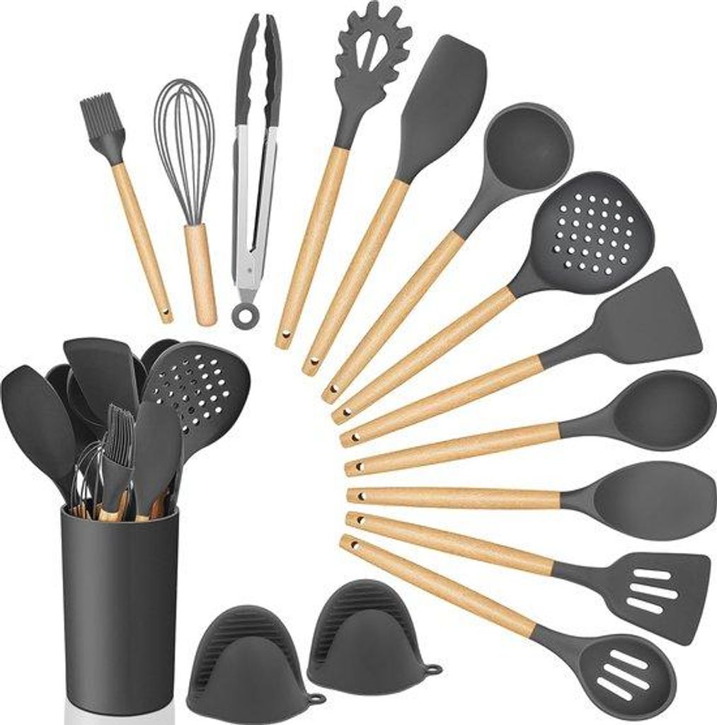 15-teiliges Küchenhelfer-Set: Silikon-Utensilien mit Holzgriffen, Grau, Spülmaschinenfest