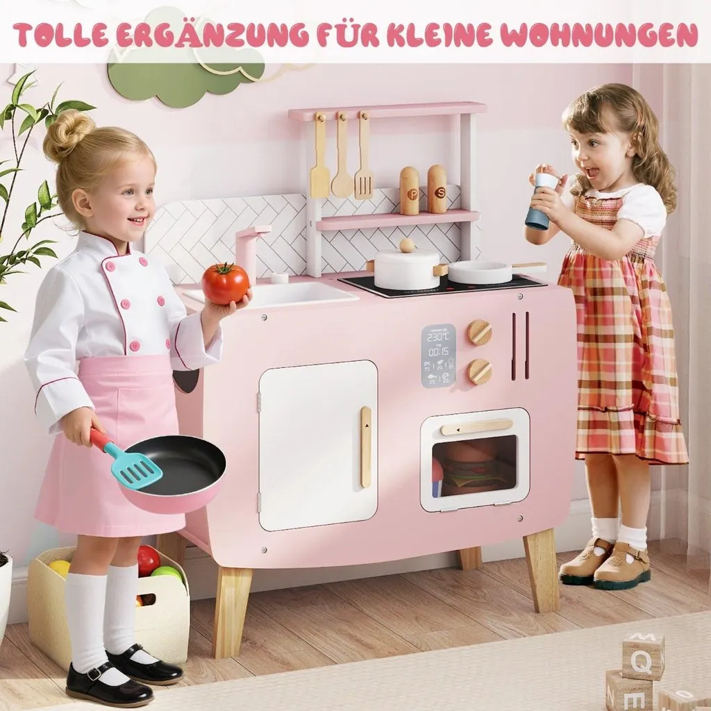 Cuisine bois enfant avec évier inox et cuisinière à boutons interactifs