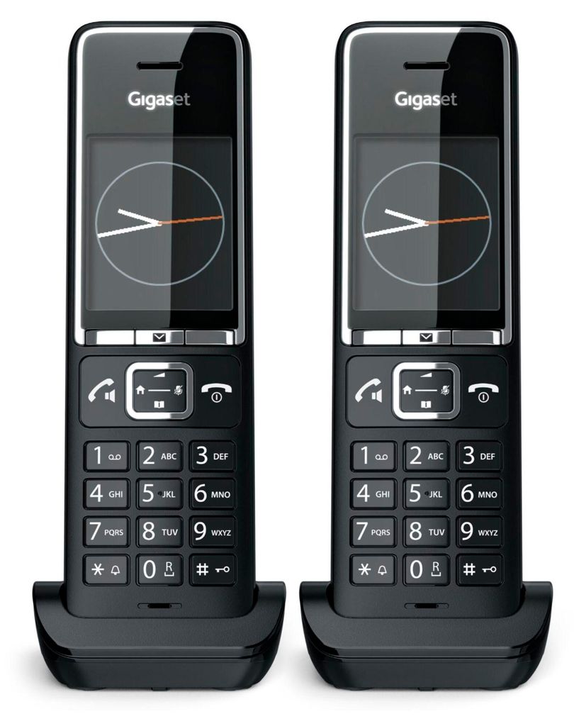 Two black Gigaset cordless phones are shown side-by-side on their charging bases.