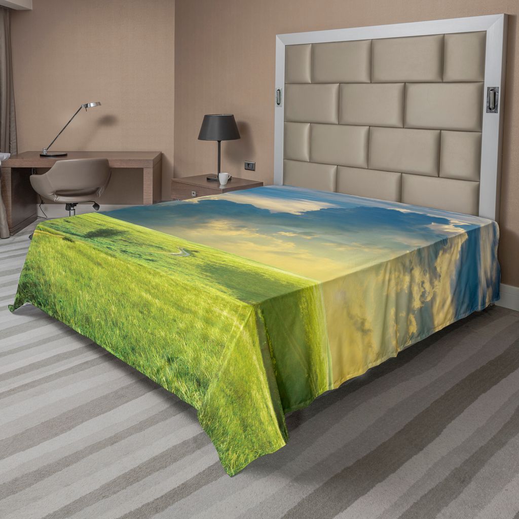 ABAKUHAUS Natur Bettlaken, Sommerlandschaft Mit Der Gras Road Cloudscape Und Ländlichen Neuheit Bild Bild Druck, weiches bequemes oberes Bettlaken...