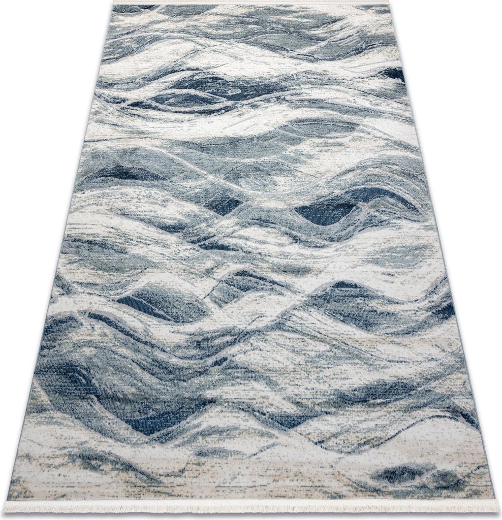 DISTIN 0849A marineblau / blau / weiß moderner Teppich - Wellen, Vintage, Fransen Blau 200x290 cm