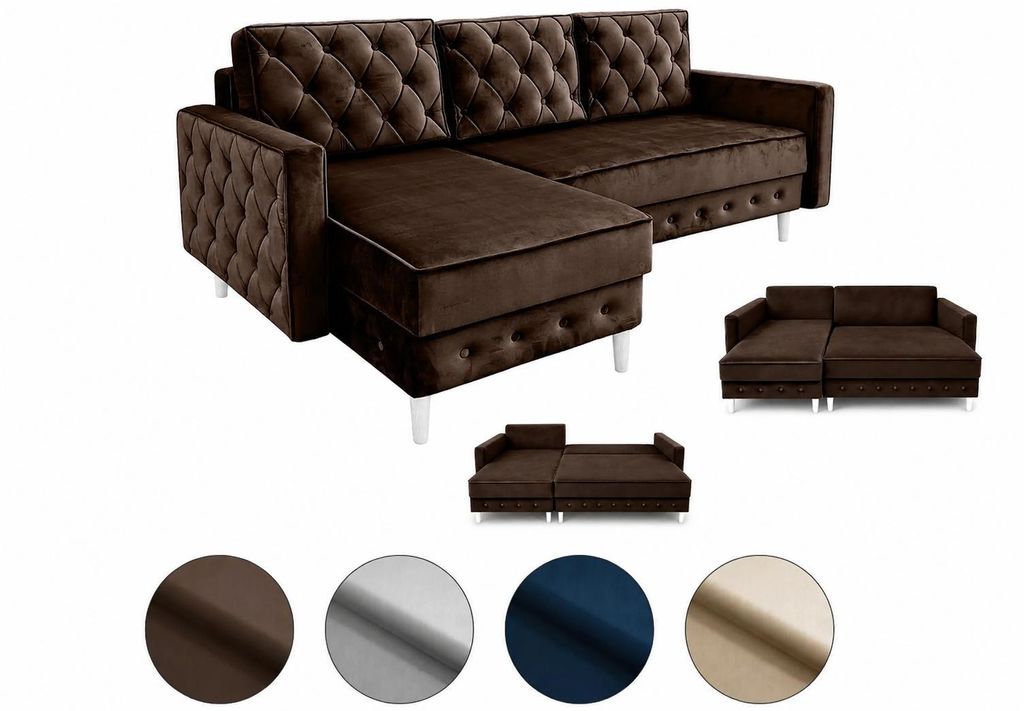 Elegantes Ecksofa Lux mit Schlaffunktion und Bettkasten Braun L-Form Glamour Skandinavisch Sofa 227x144 cm DL-Automatik Schlafsofa 140x200 cm