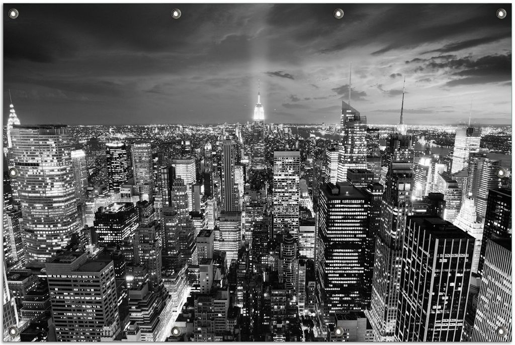 Wallario Outdoor-Poster für Garten oder Balkon, Motiv New York bei Nacht - Panoramablick über die Stadt - schwarzweiß, in ca. 100 x 150 cm