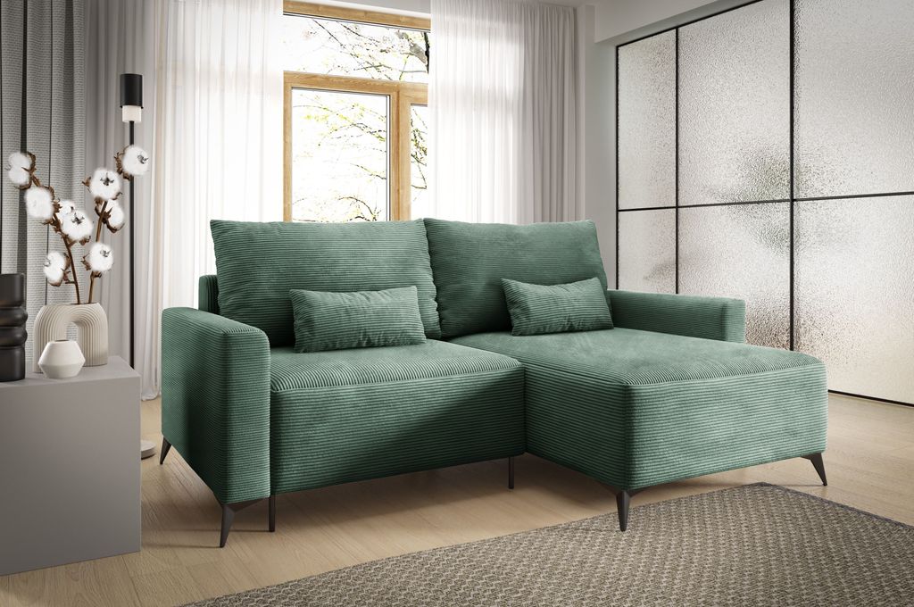 3 Sitzer Ecksofa in L-Form ANTONIO LOFT 239x148cm, Ottomane rechts/links, Schlaffunktion & Bettkästen, Eckarniutur, Cordbezug in Hellgrün