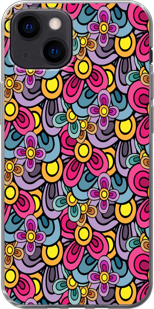 MuchoWow Handyhülle Schutzhülle Hülle für Telefoonhoesje iPhone 13 mini Diagramm - Hippie - Blumen - Lila Silikon Softcase Handy Hülle - Sof...