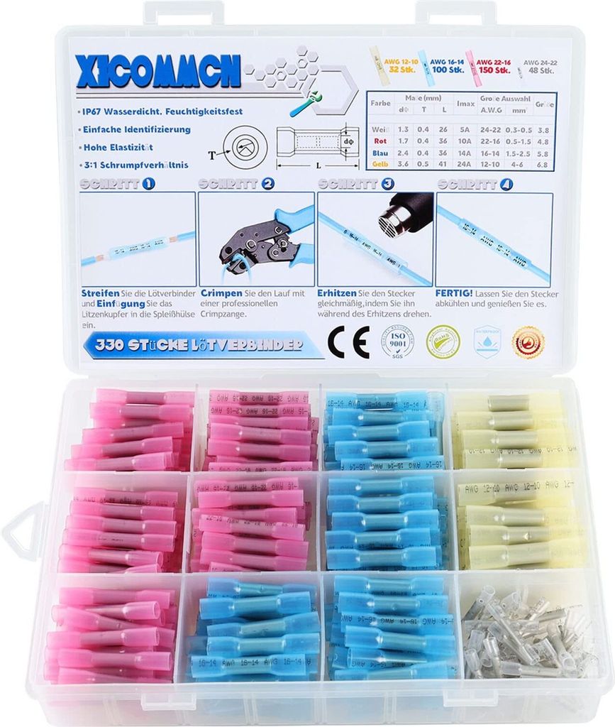 ZREE 330 Stück Stoßverbinder mit Schrumpfschlauch, 4 Größen Crimpverbinder-Set, Kabelverbinder, wasserdicht, elektrische Wärmeschrumpf-Stoßve...