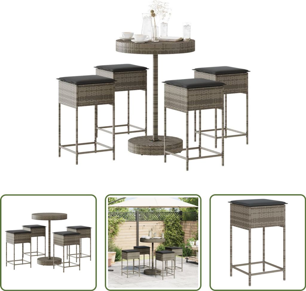 The Living Store 5-tlg. Gartenbar-Set mit Kissen Grau Poly Rattan