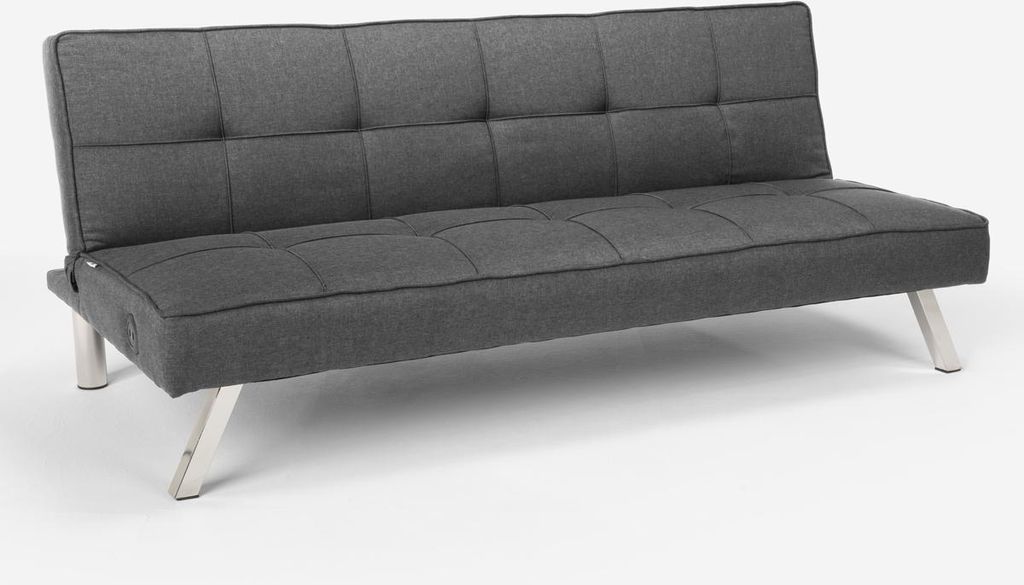 A dark gray sofa bed with tufted cushions and silver metal legs, shown from a slightly elevated side angle against a white background.