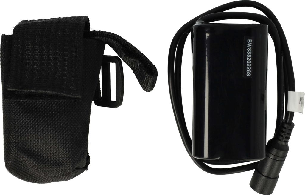 A black battery pack and a black fabric holder are shown against a white background.