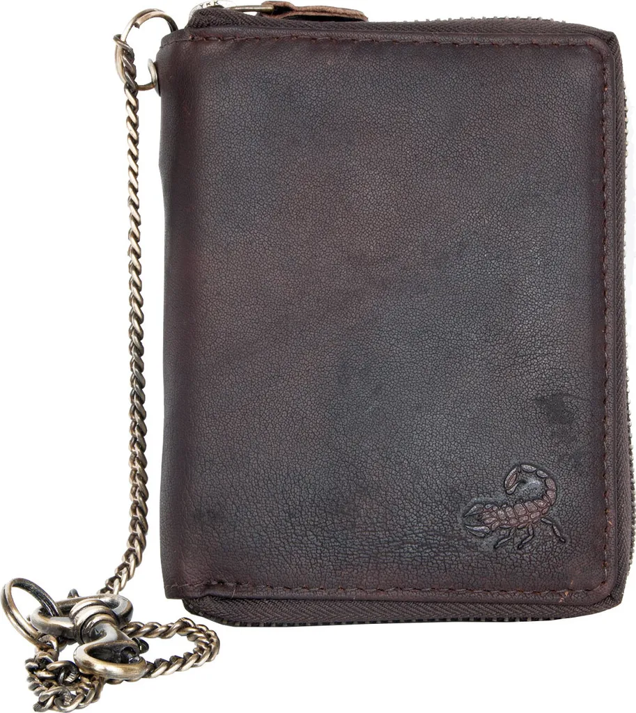 Porte-monnaie cuir naturel zippé haute résistance avec chaîne métal