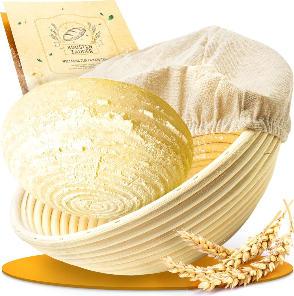 KRUSTENZAUBER Gärkorb zum Brotbacken rund 22cm - Rundes Gärkörbchen aus Rattan mit Gärtuch - Brot Backen Zubehör, Brotkorb, Brotbackform