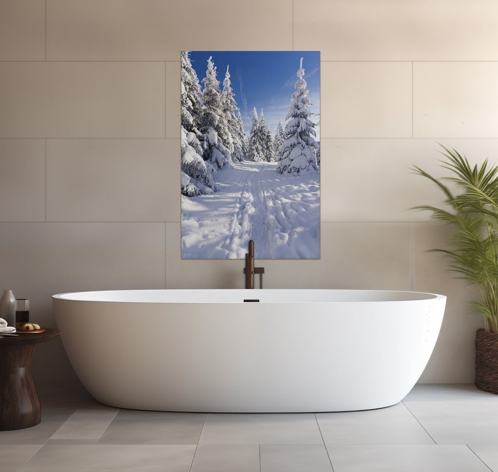 Wallario wasserfestes Poster selbstklebend 91,50 x 61 cm, Wanderweg im Schnee, Badezimmerposter Spritzschutz mit Hochglanzoberfläche in Glasoptik