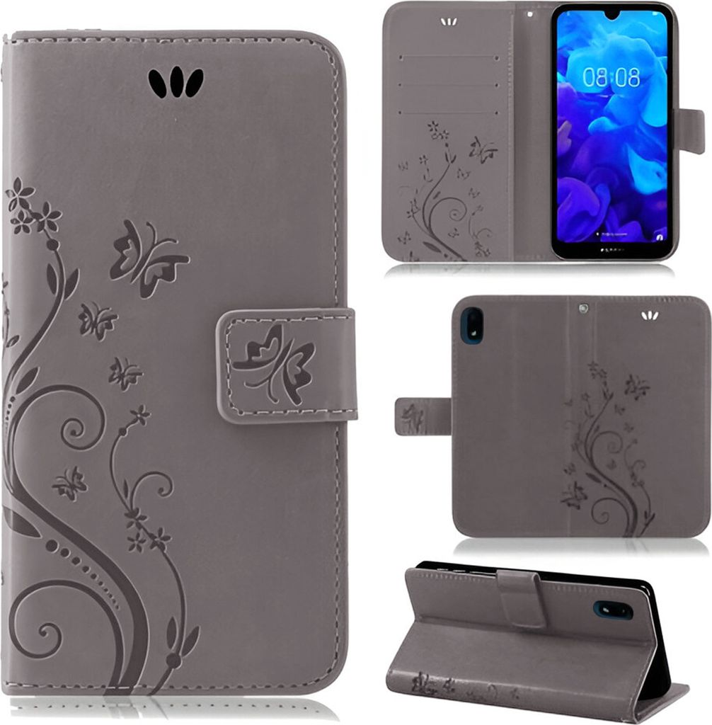 Handytasche für Huawei Y5 2019 Blumen Flip Cover Buchhülle mit Magnetverschluss, Grau
