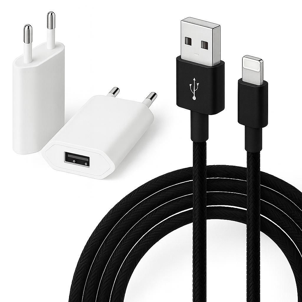 Nylon USB A Schnellladekabel für Apple Geräte 3 Meter mit 5 Volt Ladegerät Netzteil Daten und Ladekabel für Apple iPhone 5 bis 14 Plus Mini Pro...