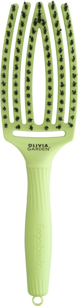 A light green hair brush with black bristles is shown against a white background.