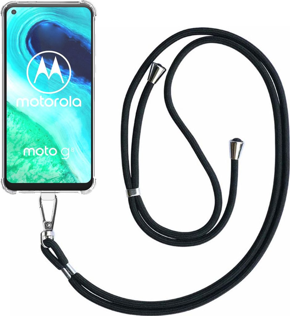 Handyhülle passend für Motorola Moto G8 Transparent ShockProof mit abnehmbarem Universal-Telefonkabel - Schutzhülle Silikon ShockProof mit Lanya...