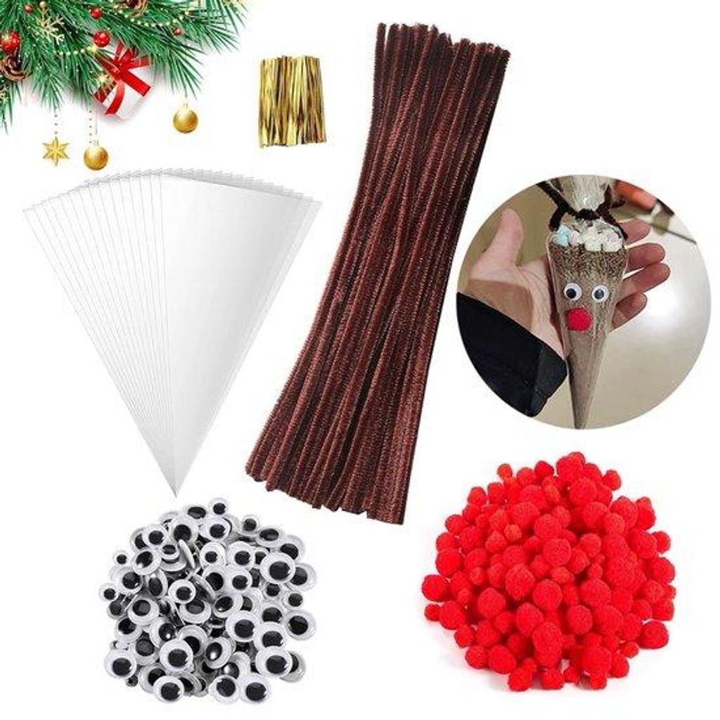 500 braune Chenille-Stifte, Kersthandwerk-Stifte, rote Pompons, Kerstwerk-Augensticker