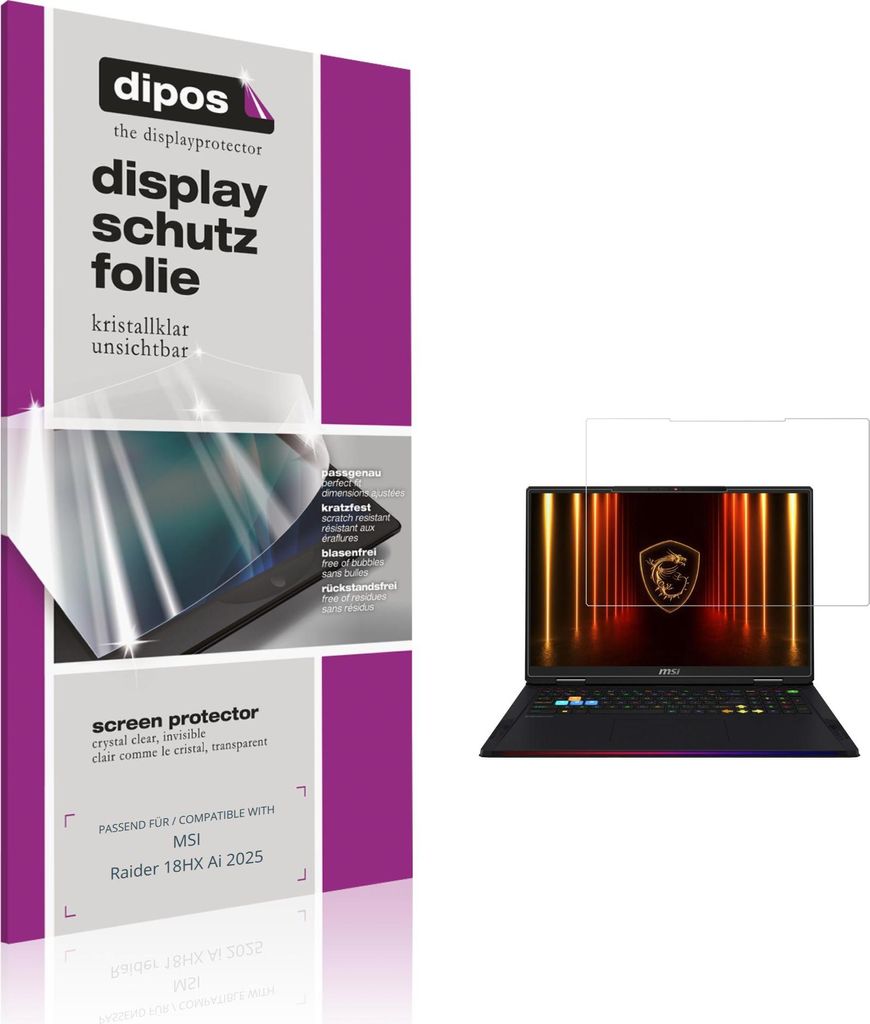 2x Schutzfolie für MSI Raider 18HX Ai 2025 klar Displayschutzfolie Folie Display Schutz dipos