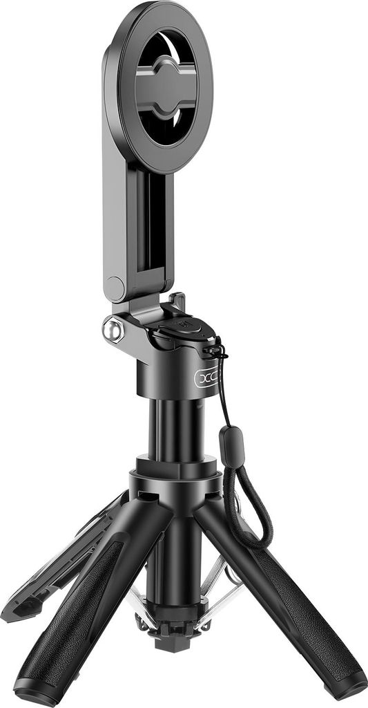 A black selfie stick-tripod with a ring light attachment.