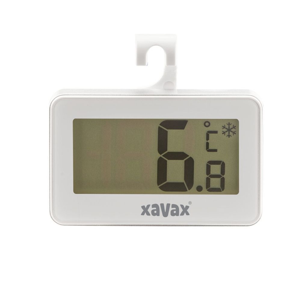 A white digital thermometer with a hook for hanging.