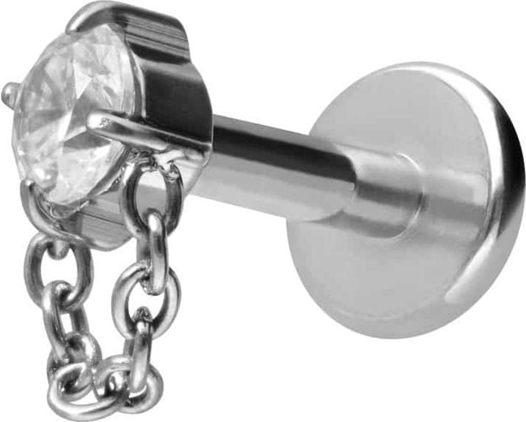 Ohrpiercing, Nasenpiercing Titan Labret mit Innengewinde KRISTALL + KETTE Silber Stablänge: 7mm | Stabstärke: 1,2mm