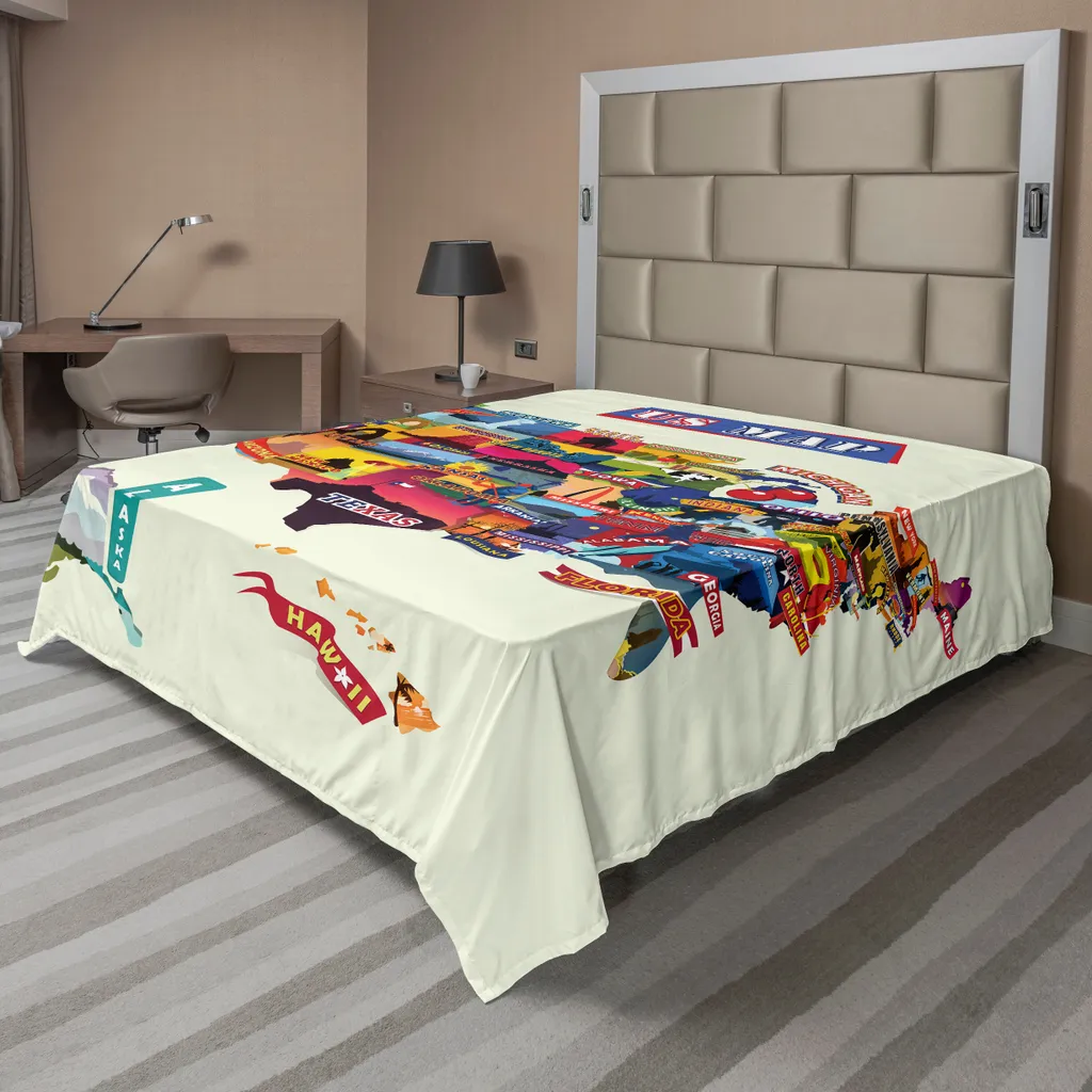 ABAKUHAUS Fernweh Drap Plat Carte USA et Tournesols Multicolore 275x260cm