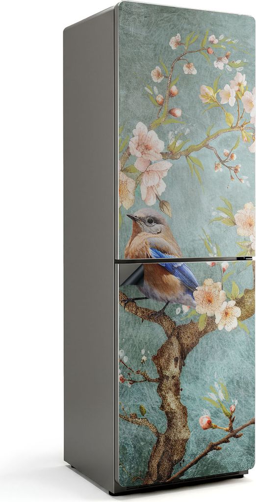 Vogel auf einem Zweig mit Blumen – Magnetische Kühlschrank Abdeckung – Dekorfolie magnetisch Küche – Kühlschrank Magnet Deko – selbstkle...