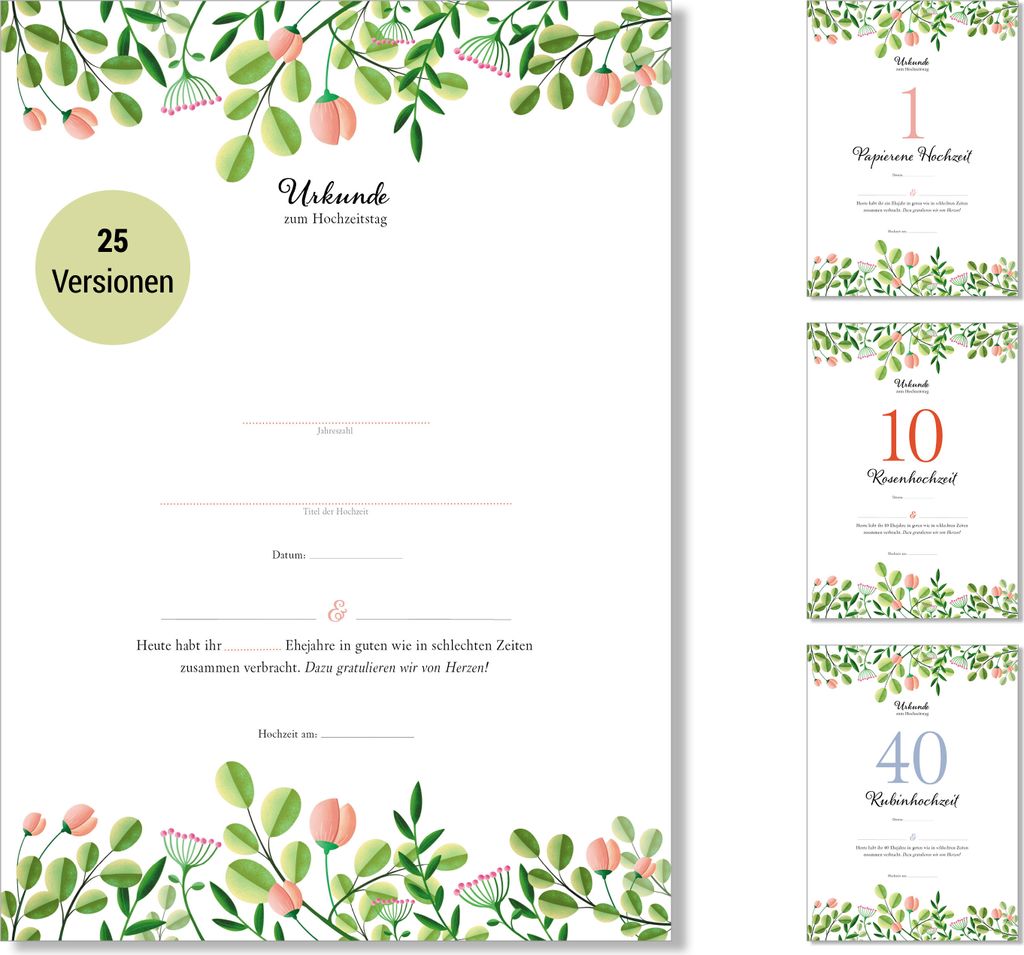 Frank Paperman | Geschenke zum Hochzeitstag |Ehejubiläum | Urkunde Hochzeitstag | floral | Geschenkideen Hochzeitstag | blanko Vordruck DIN-A4-F...
