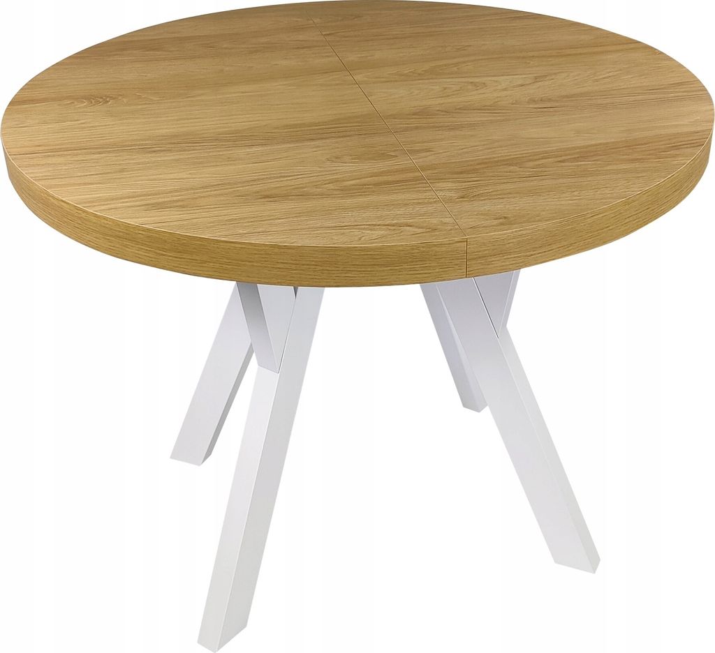 A round wooden table with white legs on a white background.