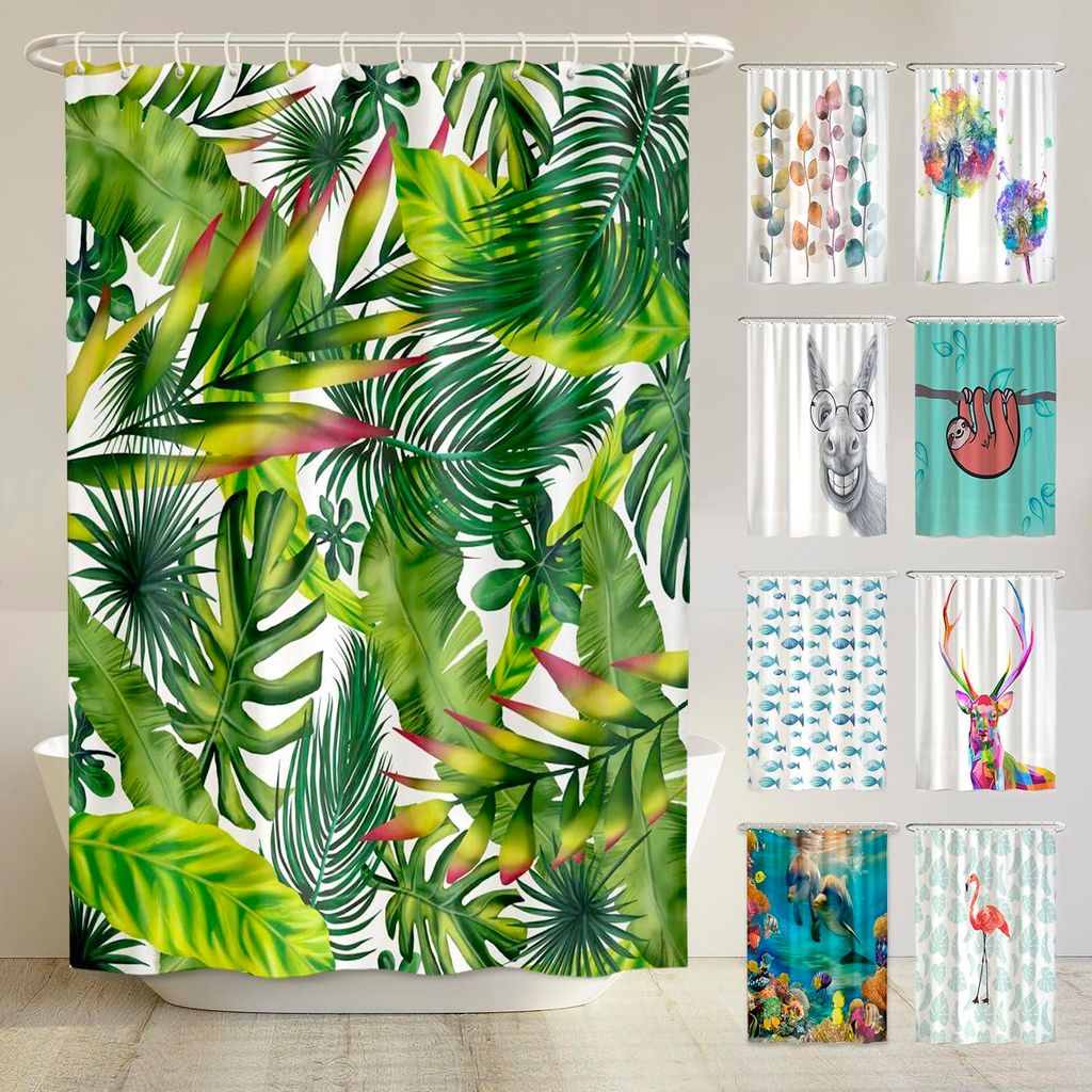 Duschvorhang mit Dschungelblattmotiv und Anti-Schimmel-Beschichtung, 180 x 200 cm – recycelt – beschwerter Saum, blickdicht, wasserdicht, wasch...