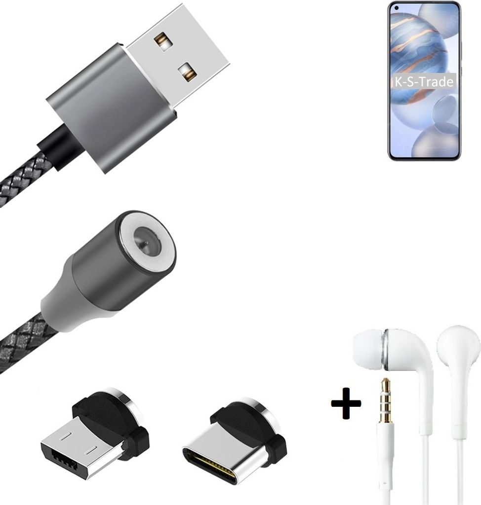 K-S-Trade Hochwertiges Magnet-Lade-kabel Sync-Kabel Daten-Kabel + Kopfhörer kompatibel mit Huawei Honor 30 mit USB-Typ-C-Anschluss und