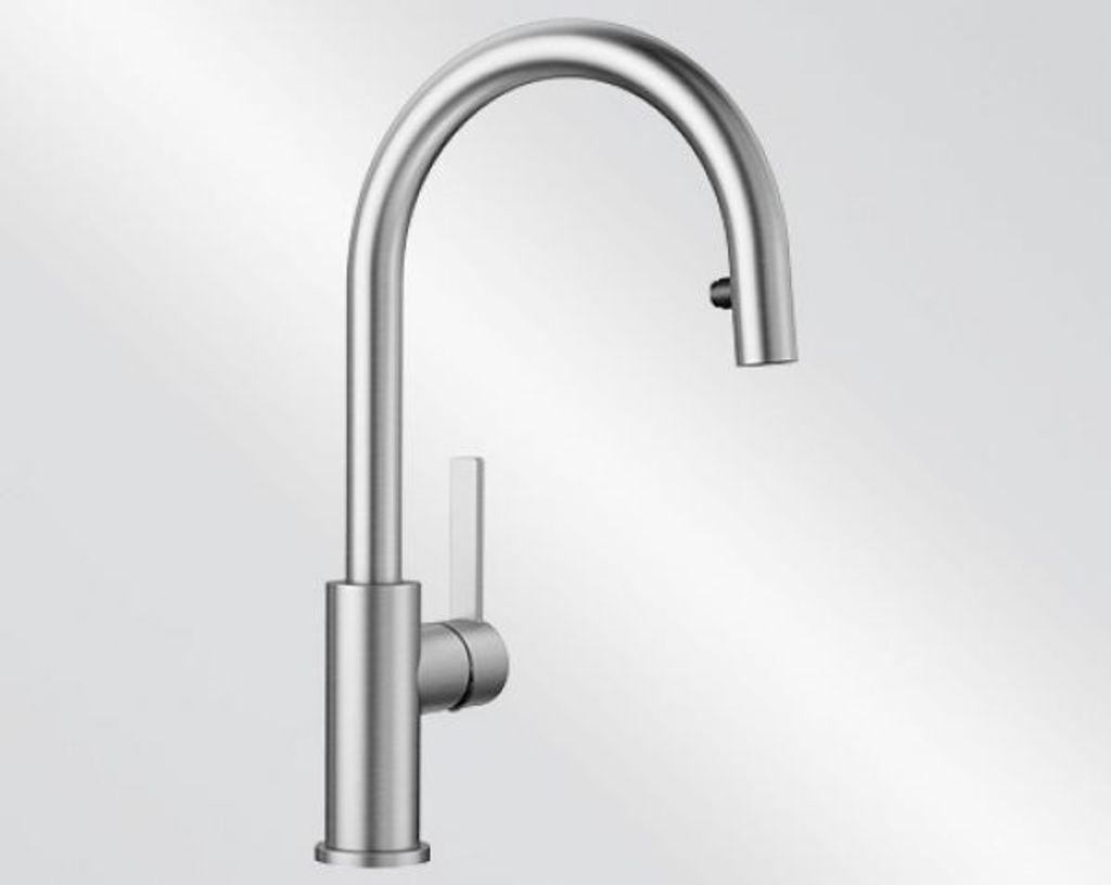 A studio shot of a stainless steel kitchen faucet against a gradient background.