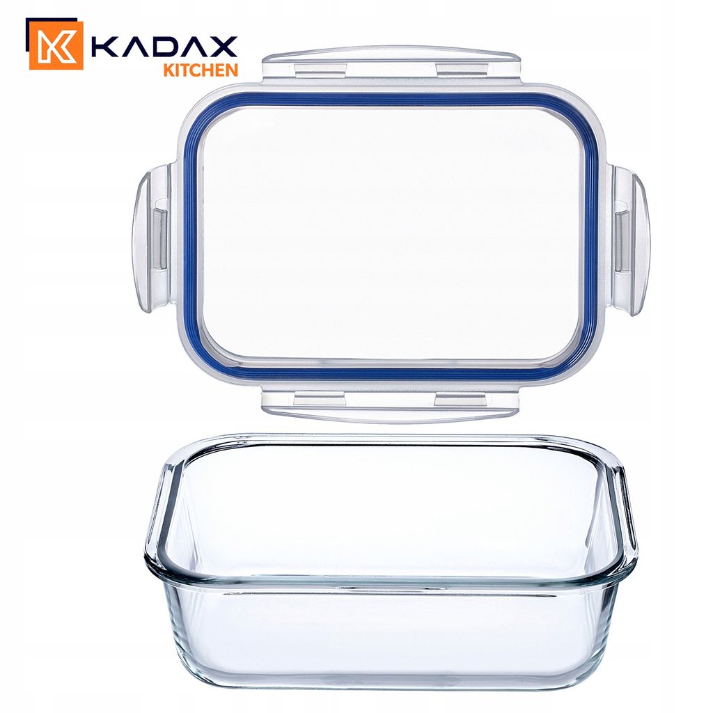 A glass food storage container with its lid, shown separately against a white background.