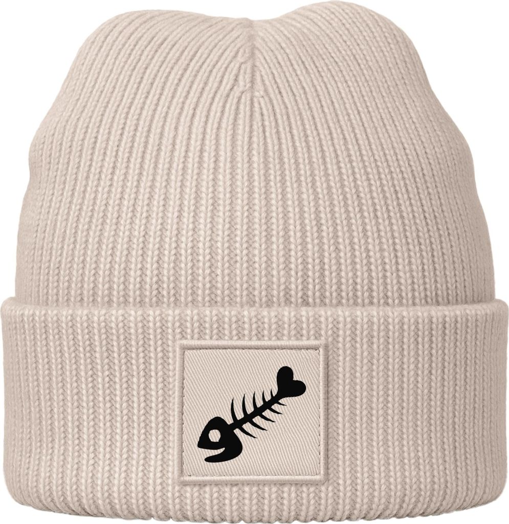 Herren Beanie mit Grafik Print Patch Bedruckt mit Fischgräte Maritim Lustig Wintermütze Strickmütze Männer Moonworks