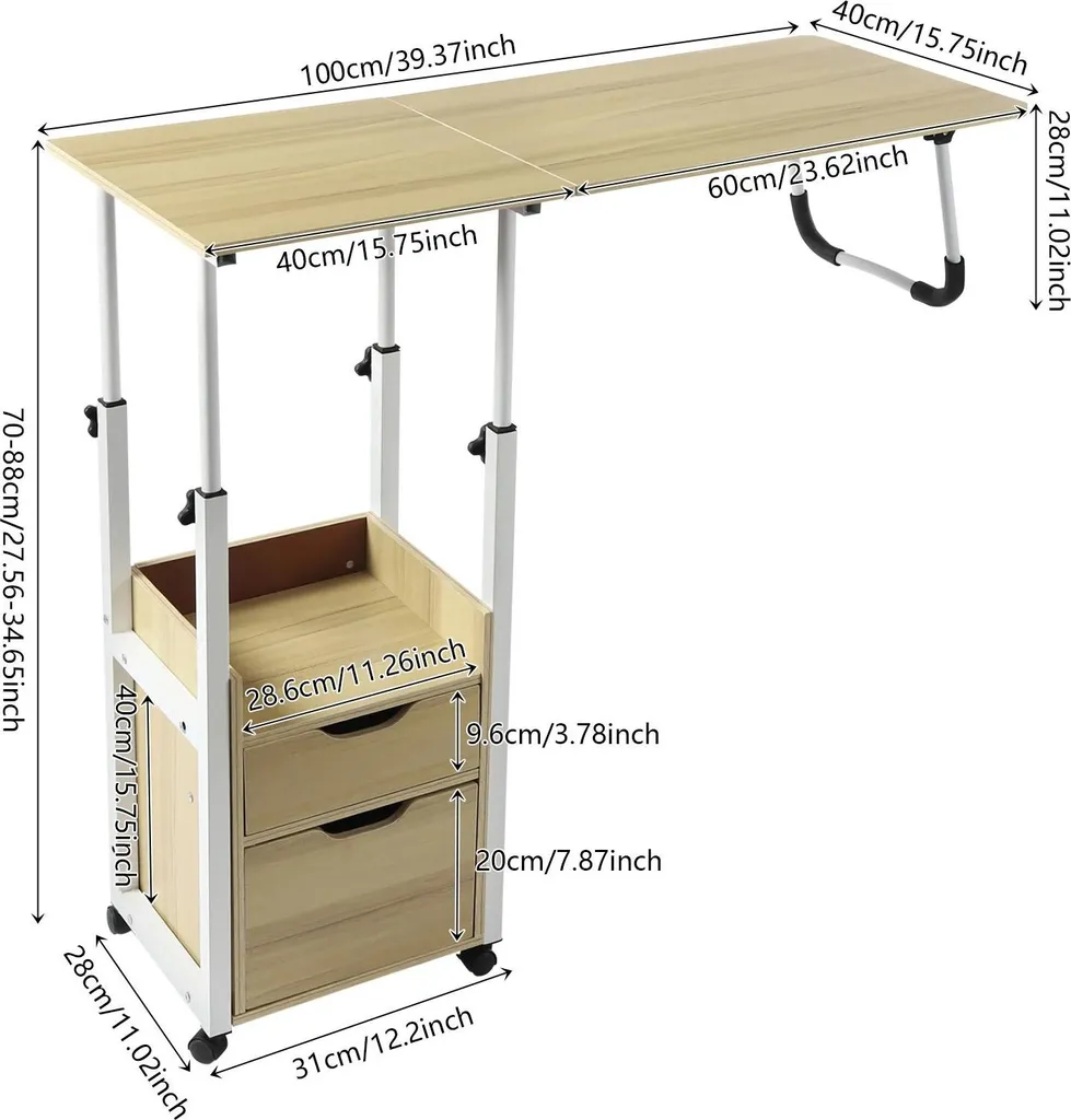 Petite table de nuit à roulettes avec 2 tiroirs et plateau réglable 40cm - 4