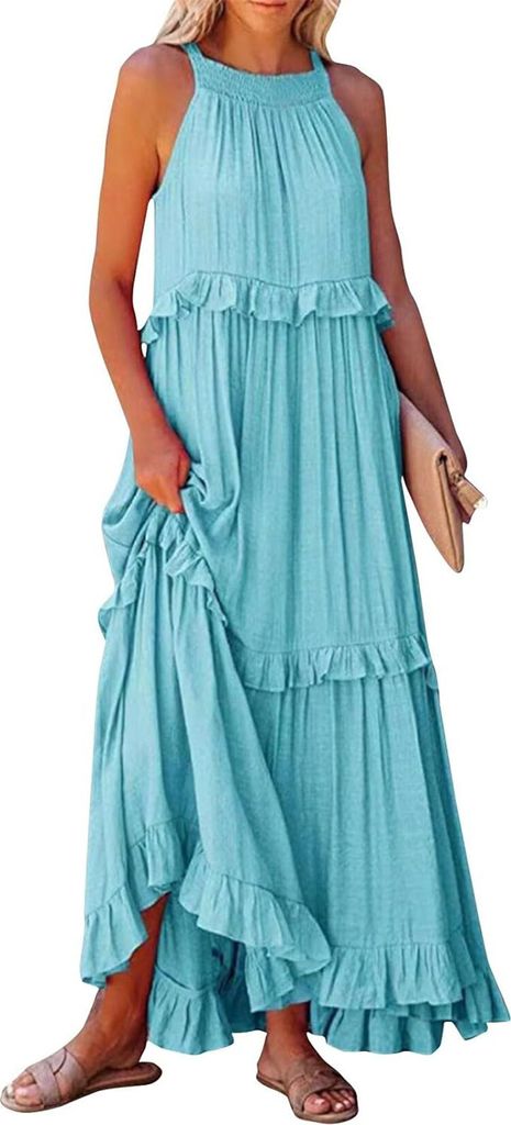 ASKSA Damen Langes Kleid Sommer Big Swing Strandkleid y Kleid Women Cover up Bikini Maxi Beachwear Kleider, Hellblau, Groesse: XL