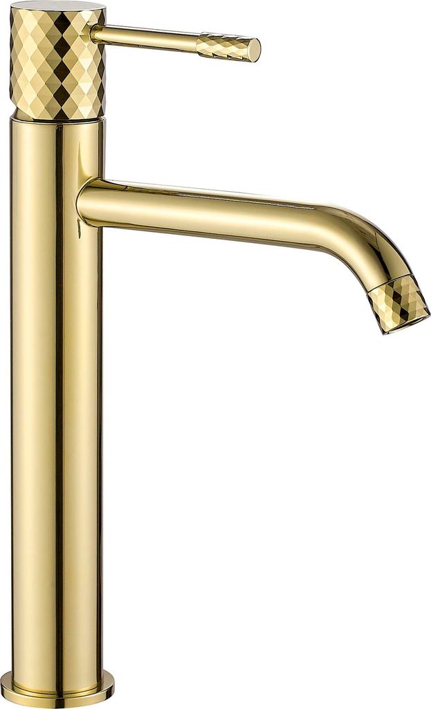 A close-up, studio shot of a gold-colored faucet against a white background.