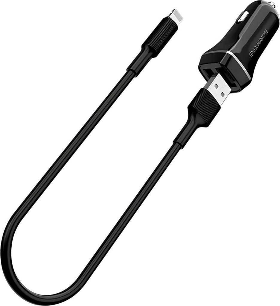 Borofone, Auto-Ladegerät 2 USB Ports mit Lightning Kabel robust, Schwarz