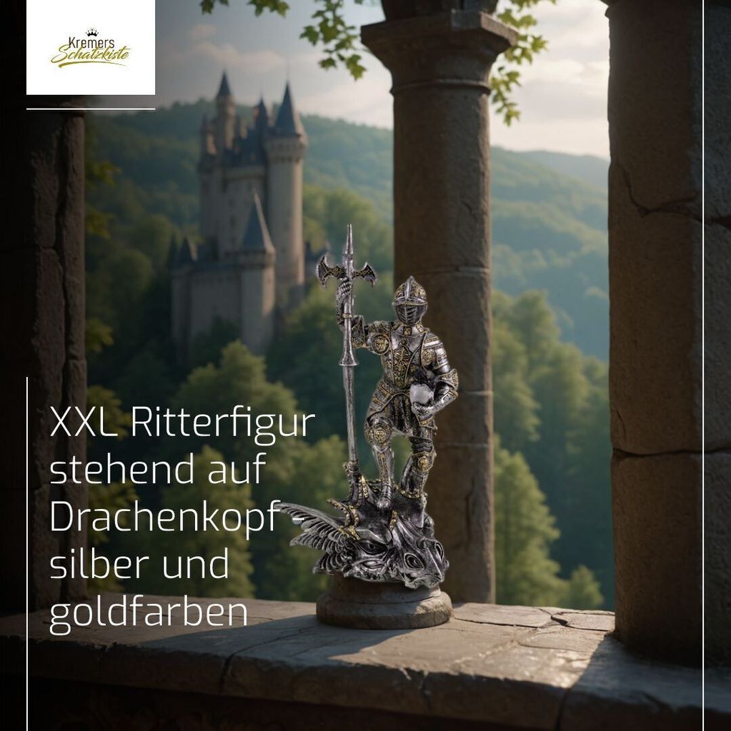 XXL Ritterfigur stehend auf Drachenkopf - Polyresin Handbemalt 37 cm Skulptur