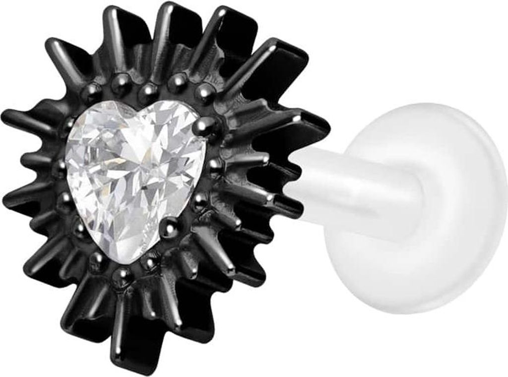 Ohrpiercing, Nasenpiercing PTFE Labret mit Innengewinde + Titan-Aufsatz KRISTALLHERZ + SONNENSTRAHLEN Schwarz Stablänge: 6mm | Stabstärke: 1,6mm