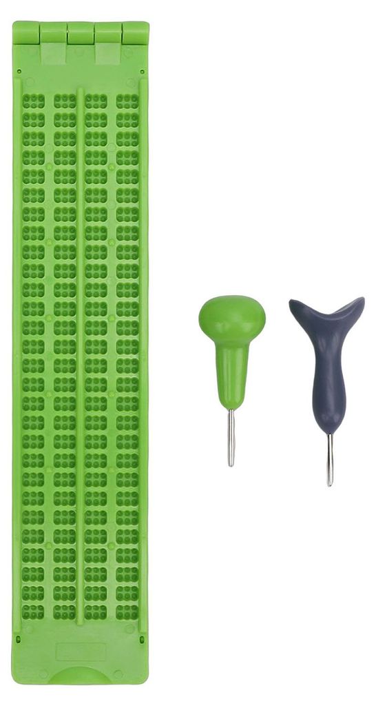 Braille-Schreibtafel-Set mit 4 Zeilen und 28 Zellen, inklusive 2 Stiften mit Metallspitze für Schule und Zuhause, für Blindenlernen, Grün