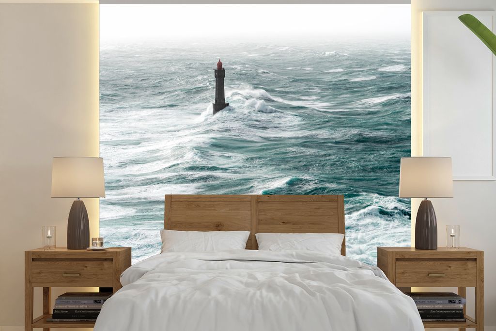 MuchoWow Fototapete für Wohnzimmer oder Schlafzimmer Wandtapete Vinyl Motivtapete Der Leuchtturm von La Jument im Meer vor der französischen K...