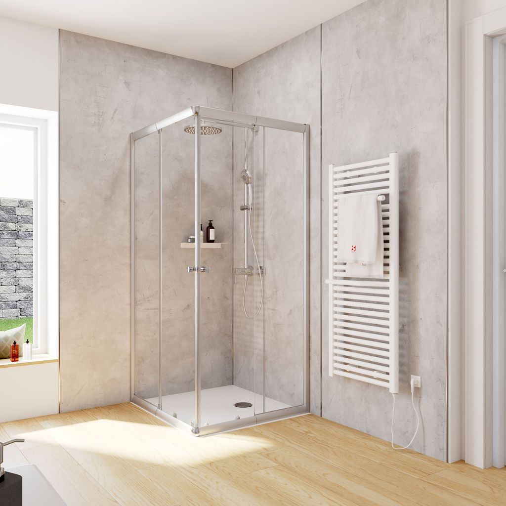 Schulte Duschkabine Corner Eckeinstieg mit Schiebetüren, Montage auf Duschwanne oder Fliese, 4mm ESG Sicherheitsglas, Höhe: 180 cm, 90 x 80 cm, P...