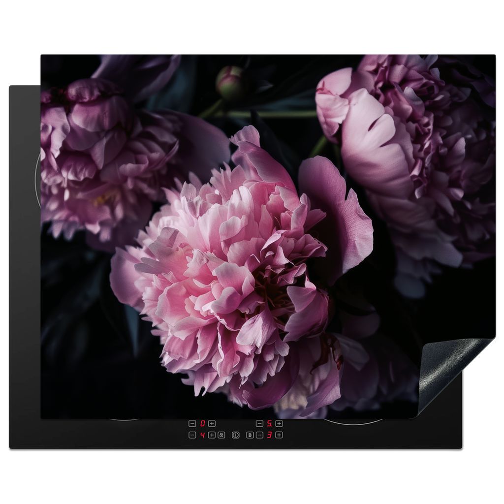 KitchenYeah Herdabdeckplatte Blumen - Rosa - Pfingstrosen - Schwarz , 65x52cm, Küche Deko, Glaskeramikkochfeld Herdabdeckung, Abdeckplatte fùr ...