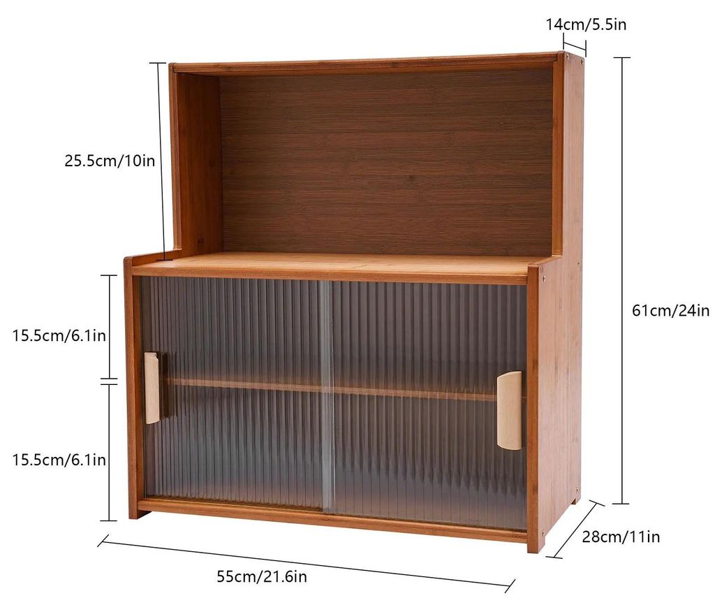 Bambus Aufbewahrungsschrank - 4-stöckiges Regal/Bücherregal - Glastür - Desktop Organizer für Küche Wohnzimmer Büro - 55x28x61 cm - Dunkelbraun