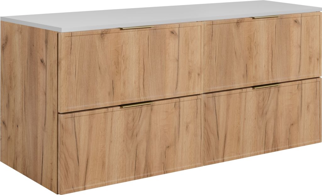 Badezimmerschrank, Craft-Eiche / Weiß, Goldene Griffe, 120 (2 x 60) x 46 x 57 cm