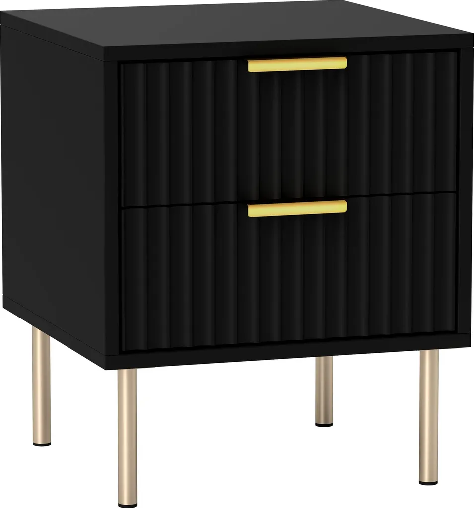 Table de chevet cannelée noire avec 2 tiroirs et pieds en acier robuste
