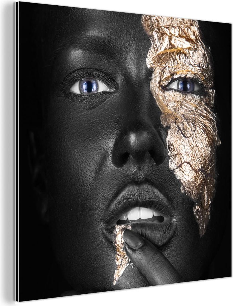 MuchoWow Wanddekoration Metall Metallbild Wandkunst 20x20 cm Frau - Blattgold - Schwarz - Haut - Luxus MuchoWow Aluminium Gemälde - Alu Dibond Bilder