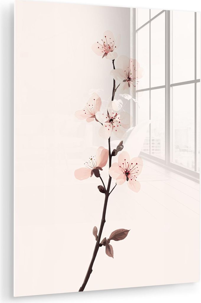 MuchoWow Glasbilder - Bilder auf Wandbild - Foto auf Glas Minimalistisch - Blüte - Zweig - Rosa 30x40 cm Wanddekoration aus Glas - Acrylglasbild -...