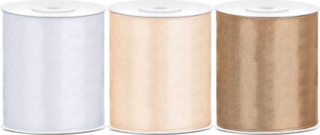 Satin Geschenkband 100mm 3 Farben je 25m lang creme / elfenbein gold weiß Schleifenband Geschenkverpackung Geburtstag Hochzeit Weihnachten